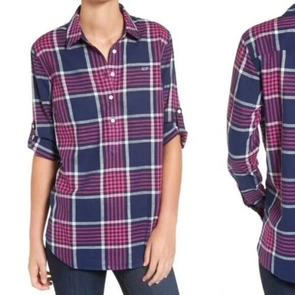 VINEYARD VINES $88 Harbor Plaid Relaxed Popover Tunic Shirt Roll Tab Sleeve 6 - Picture 1 of 6